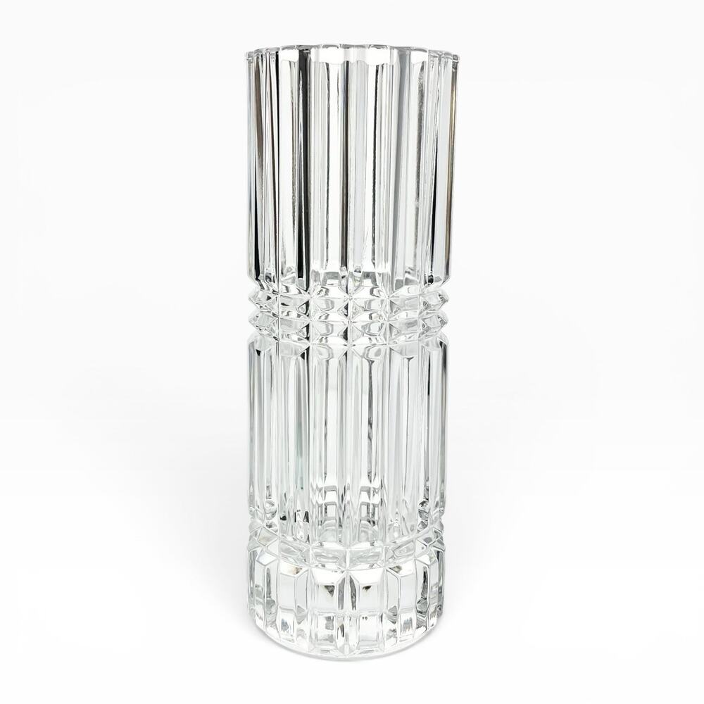 Vintage French Contemporary Postmodern-Style Cylinder Column Cut Crystal Vase 9”